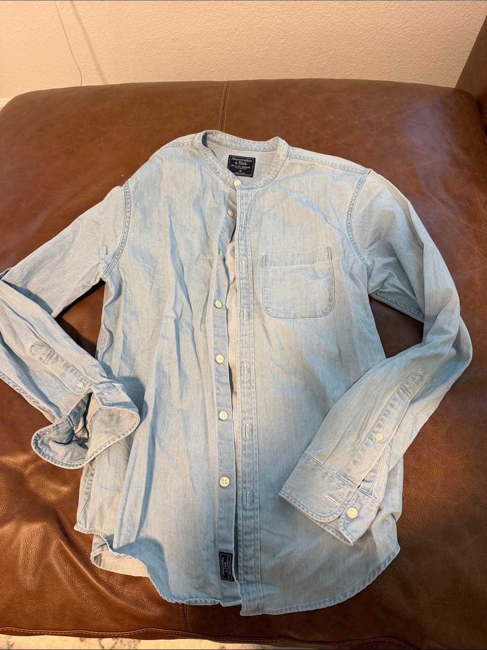 Abercrombie & Fitch Light Blue Collarless Denim Button-Up Shirt